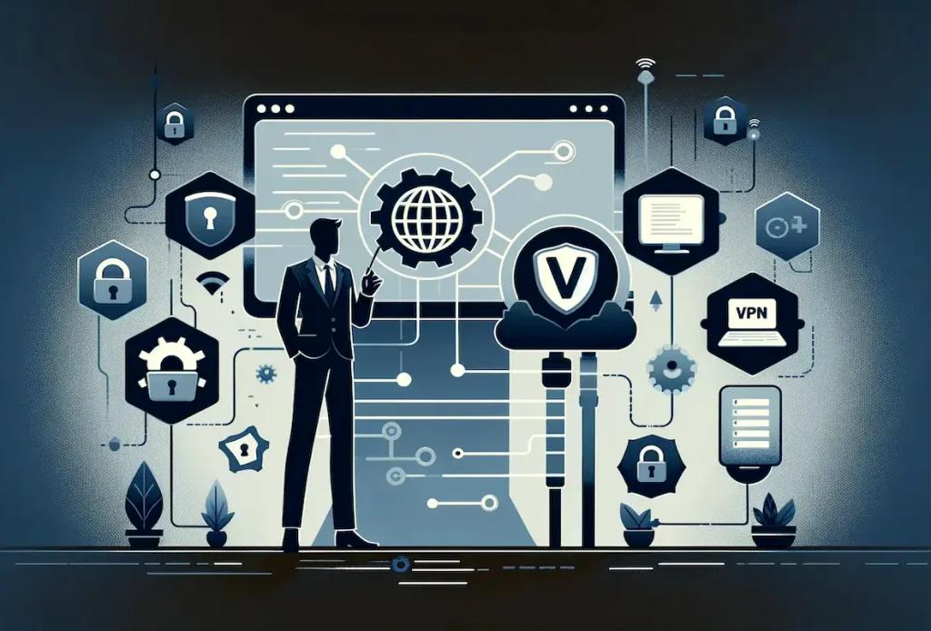 VPN Vulnerability 2023 report header illustration showing a man in front of a computer screen and other devices using a VPN