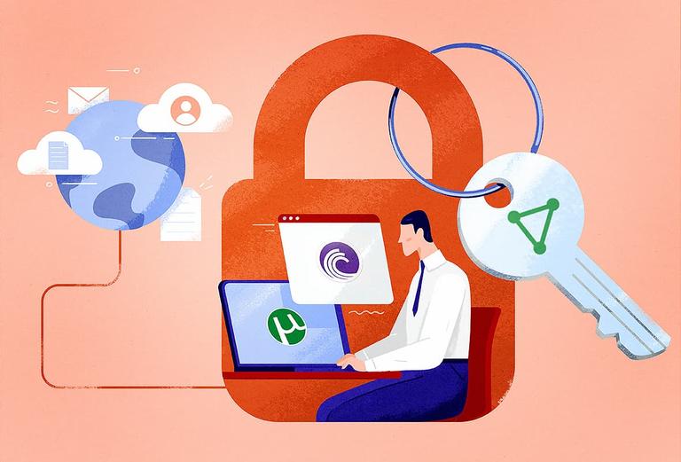 illustration of man using Proton VPN to torrent securely