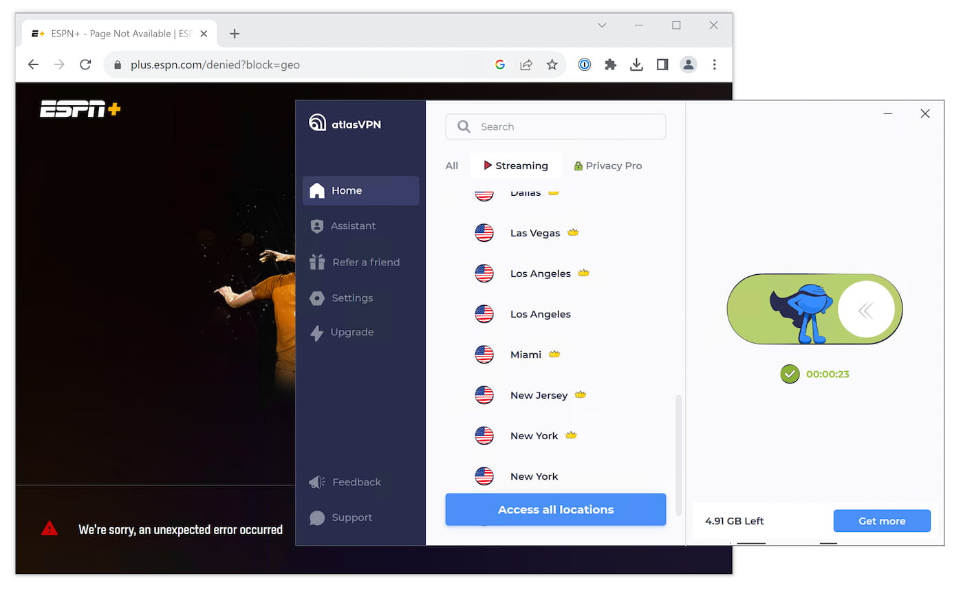ESPN+ showing the error screen when trying to access it with Atlas VPN Free