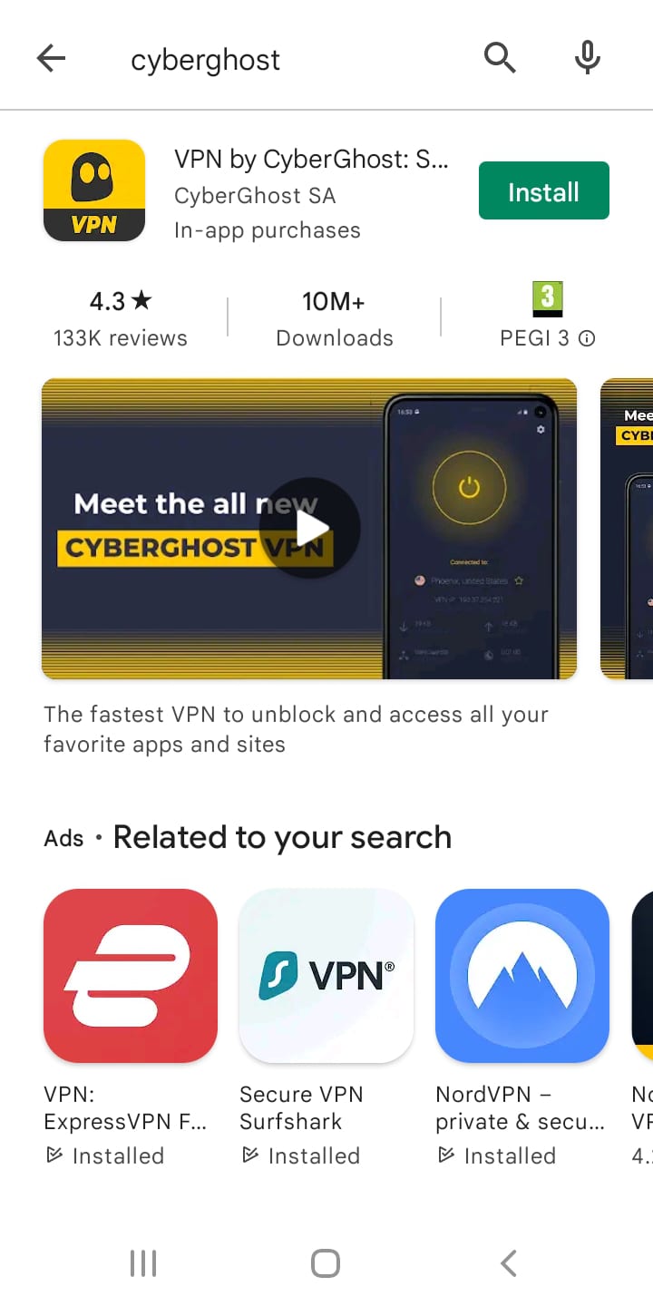 CyberGhost sur Google Play Store pour Android