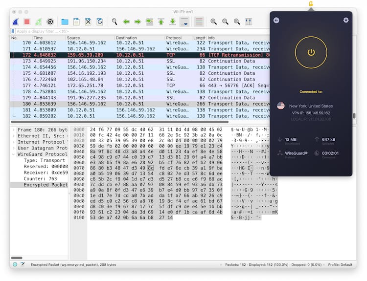 CyberGhost의 암호화된 트래픽을 검사하는 Wireshark 패킷 스니핑 도구