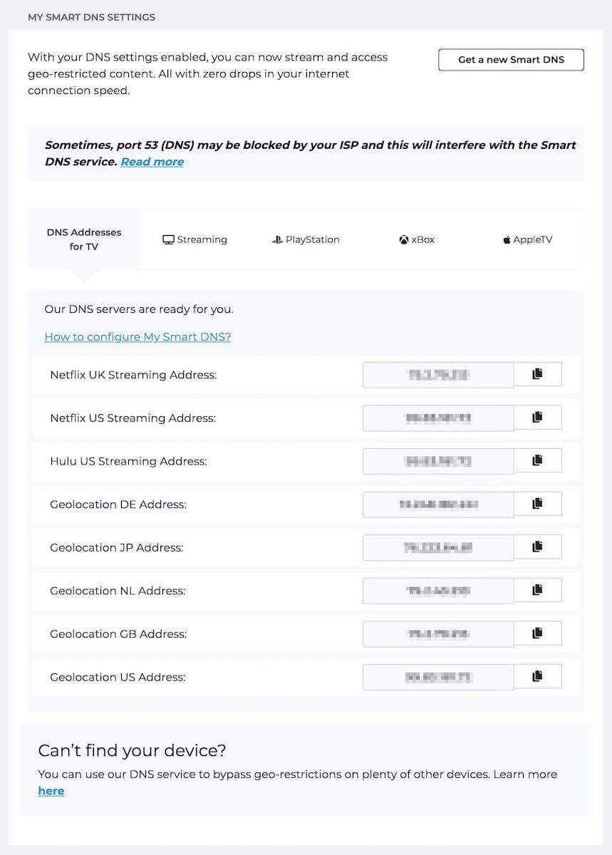 CyberGhost's Smart DNS setup section