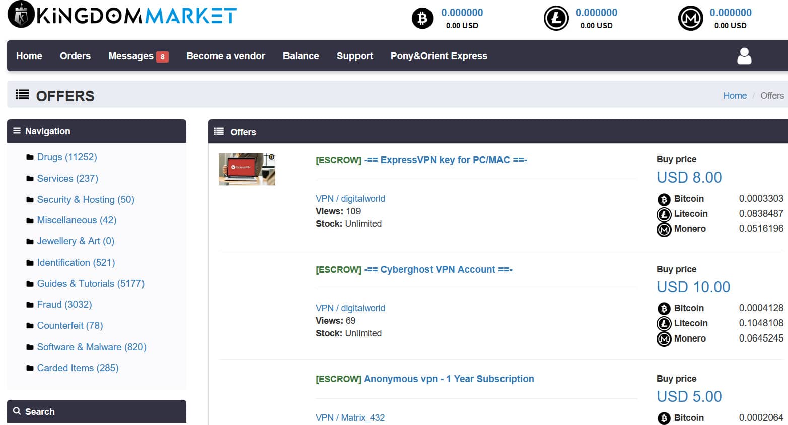 A screenshot of darknet market Kingdom showing identity theft and fraud items for sale