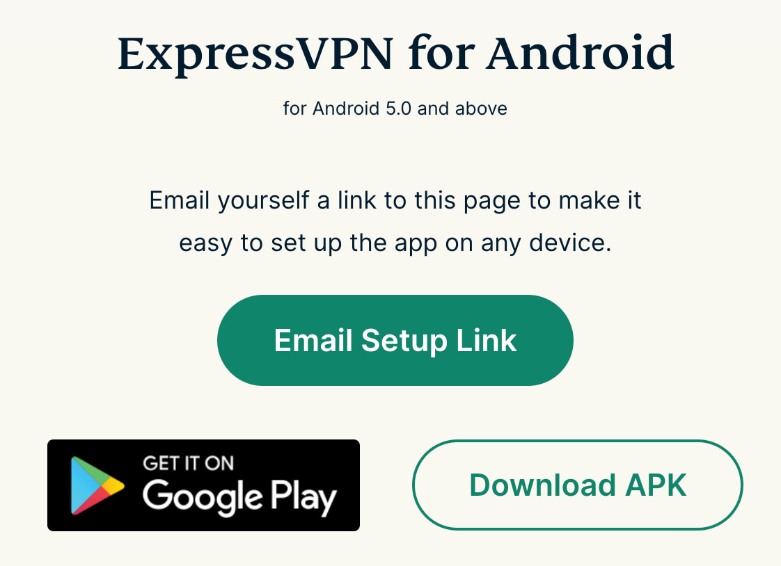 Imagem da página de configuração da ExpressVPN com links para baixar a versão APK do aplicativo.