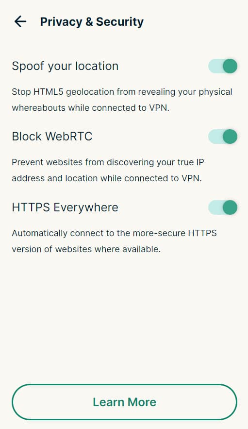 Captura de pantalla de los ajustes de seguridad de la extensión para Chrome de ExpressVPN