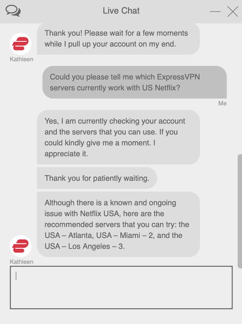 넷플릭스와 작동하는 서버를 찾기 위해 ExpressVPN 고객 지원팀에 문의