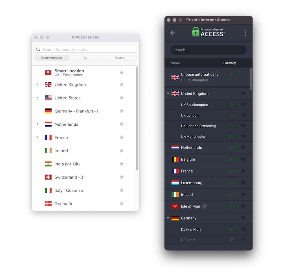 Menus de servidores da ExpressVPN e da PIA