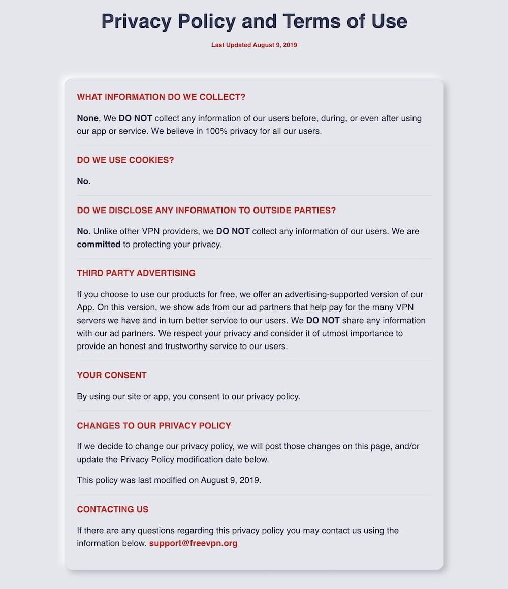 A screenshot of FreeVPN by FreeVPN.org's logging policy