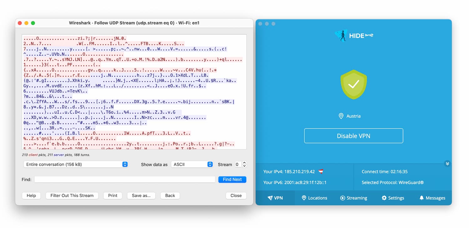 Hide.me의 Wireshark 암호화 테스트