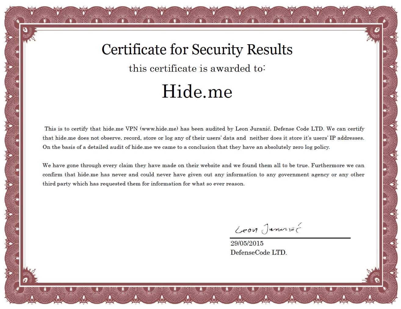 Certificado de la auditoría de Hide.me galardonado por DefenseCode Ltd