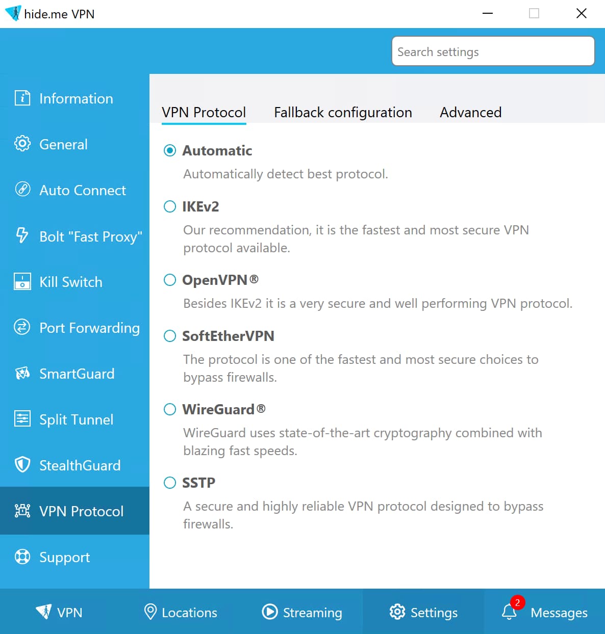 Protocol selection settings in the Hide.me Windows client