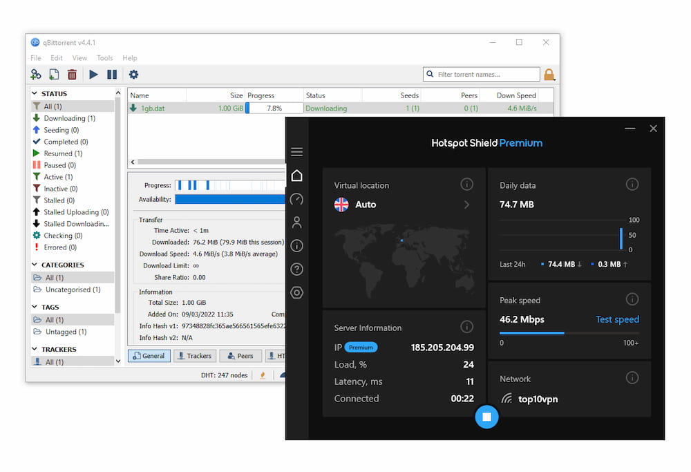 Pruebas de qBittorrent Hotspot Shield