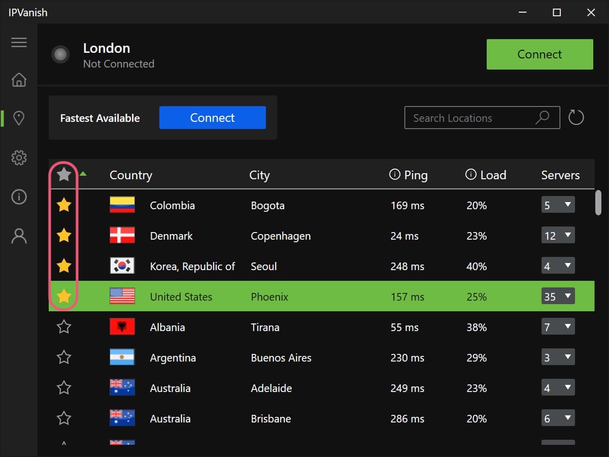 Bevorzugung von Servern in IPVanishs Windows-Anwendung
