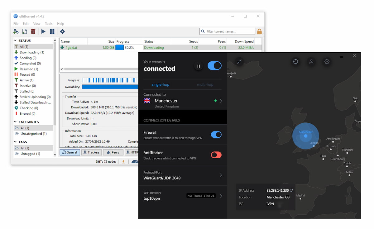 Screenshot of torrenting with IVPN.