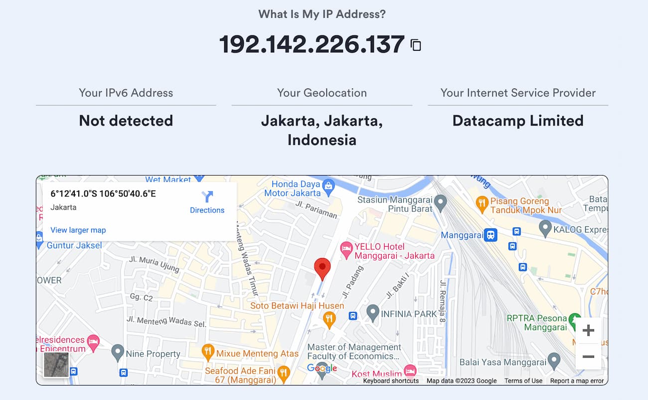 Narzędzie do sprawdzania adresu IP pokazuje indonezyjski adres IP