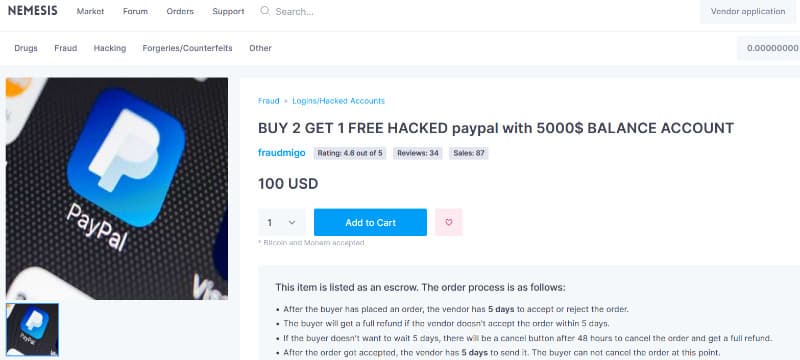 Screenshot of Nemesis darknet market listing showing a PayPal account