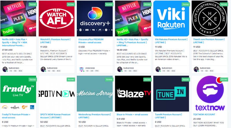 Screenshot of listings for streaming service account credentials on Nemesis darknet market