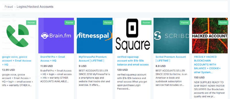Screenshot of Nemesis market listings for hacked accounts