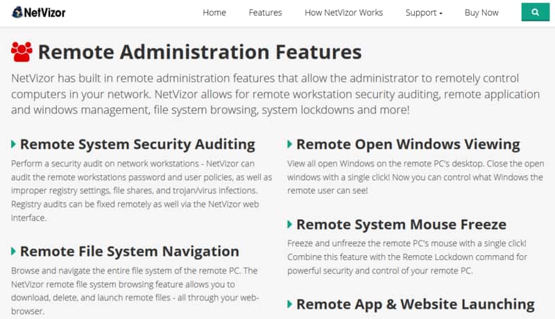 Screenshot from Netvizor site showing Remote Control Takeover features