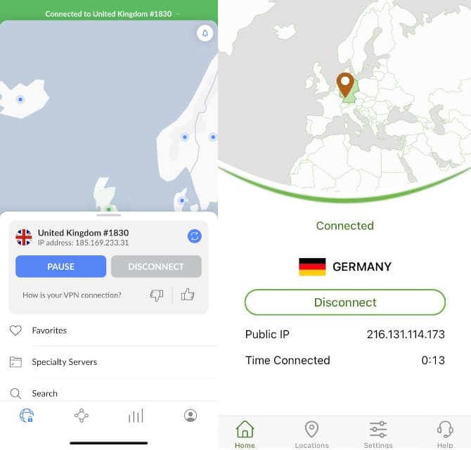 Comparison between NordVPN and IPVanish's iOS app