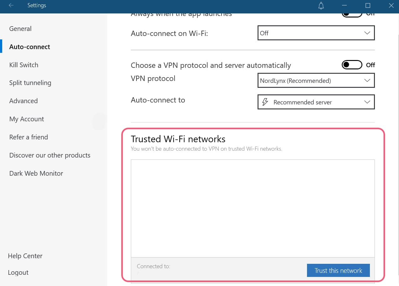 NordVPN's trusted network feature