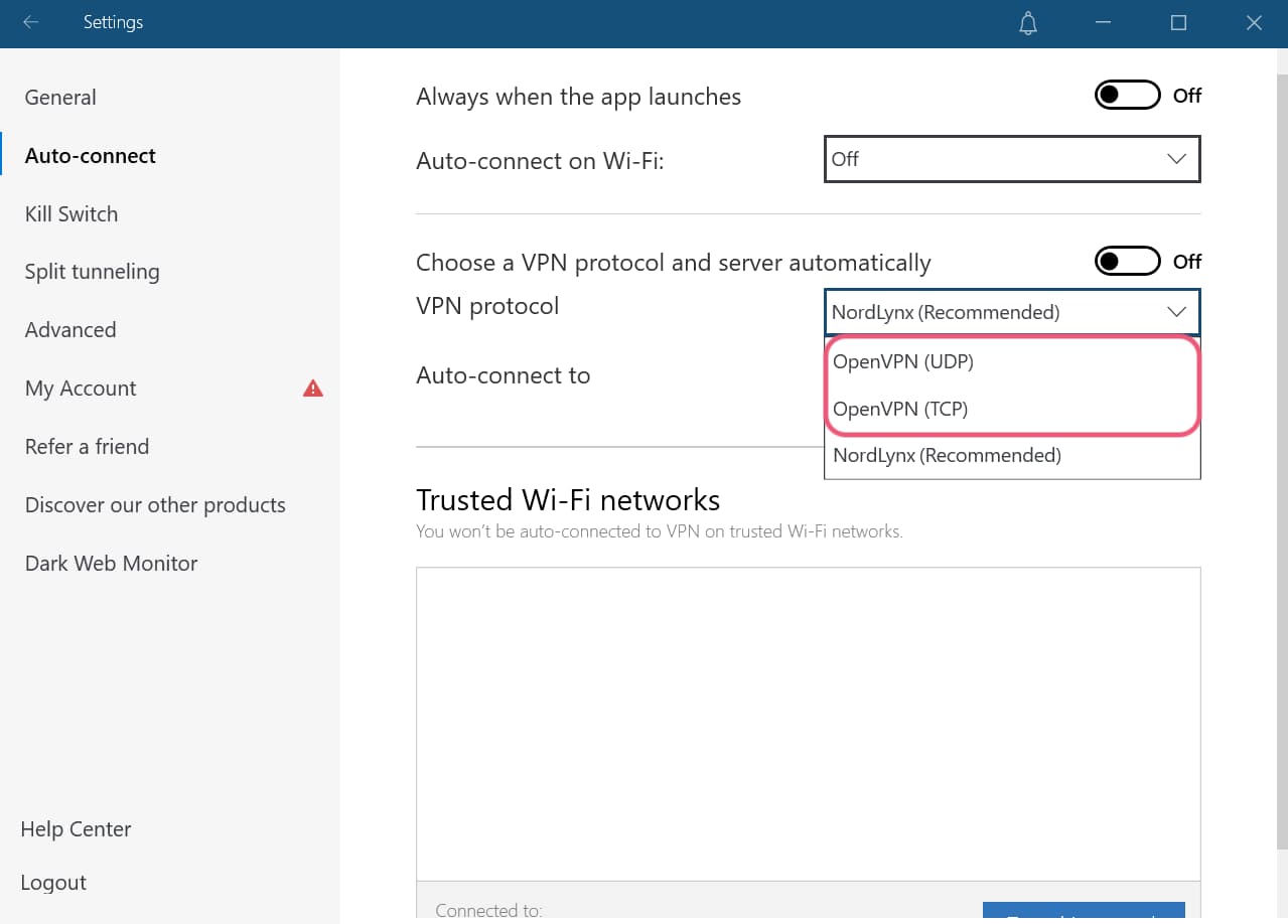 Impostazioni del protocollo di NordVPN.