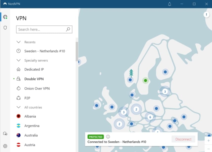 A Double VPN da NordVPN em funcionamento