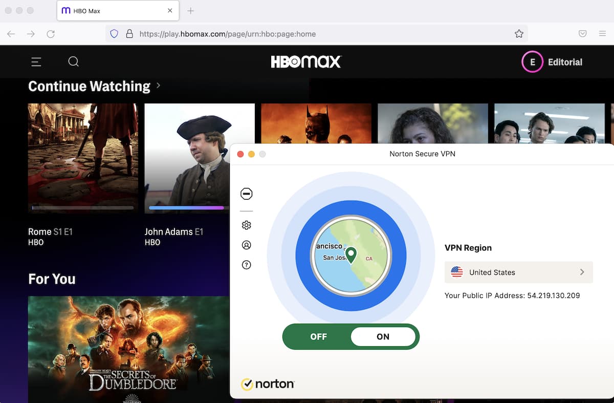 Norton VPN funziona con HBO Max e altre piattaforme di contenuti statunitensi.