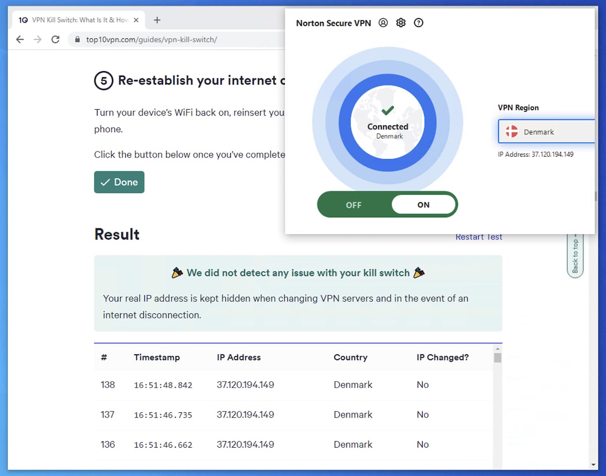 Norton Secure VPN passing a VPN kill switch test