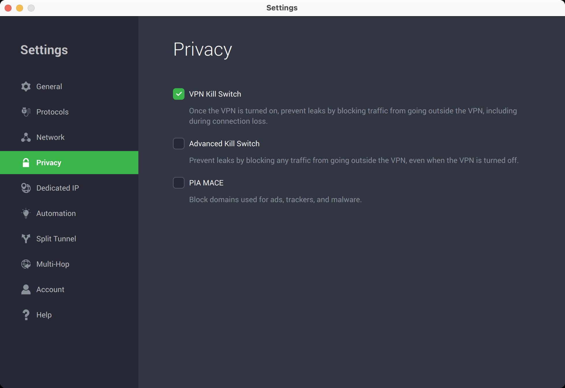 Les paramètres du kill switch pour le client macOS de Private Internet Access.