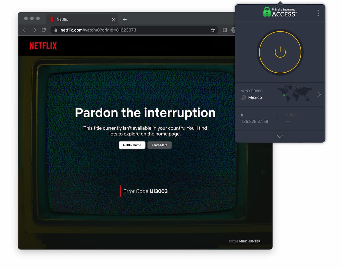 Eine Fehlermeldung zur Geo-Beschränkung bei Netflix Mexiko, die durch die Erkennung eines VPNs durch Netflix verursacht wurde.