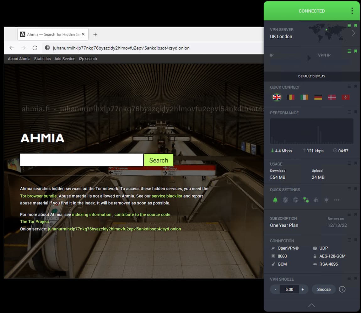 Nous avons utilisé PIA et le navigateur Tor pour accéder à Ahmia.onion.
