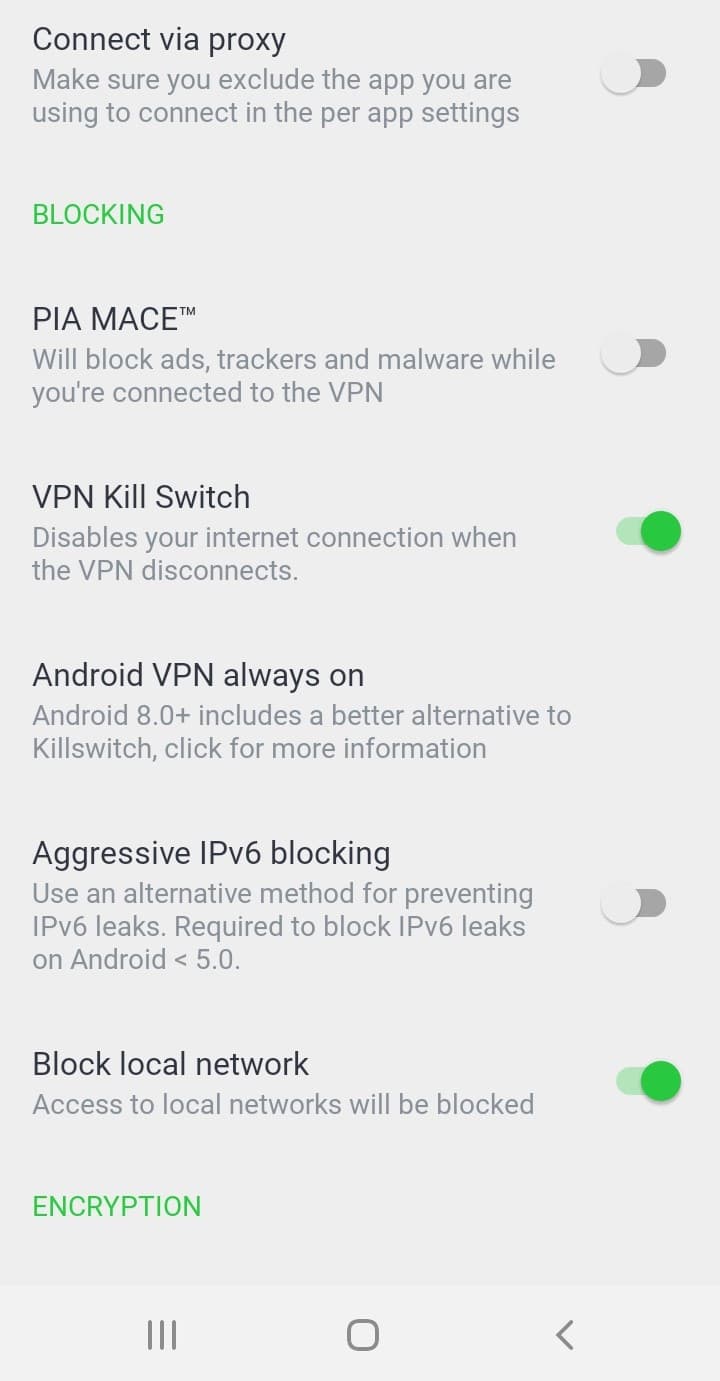 Les paramètres du kill switch sur l'appli Android de Private Internet Access.