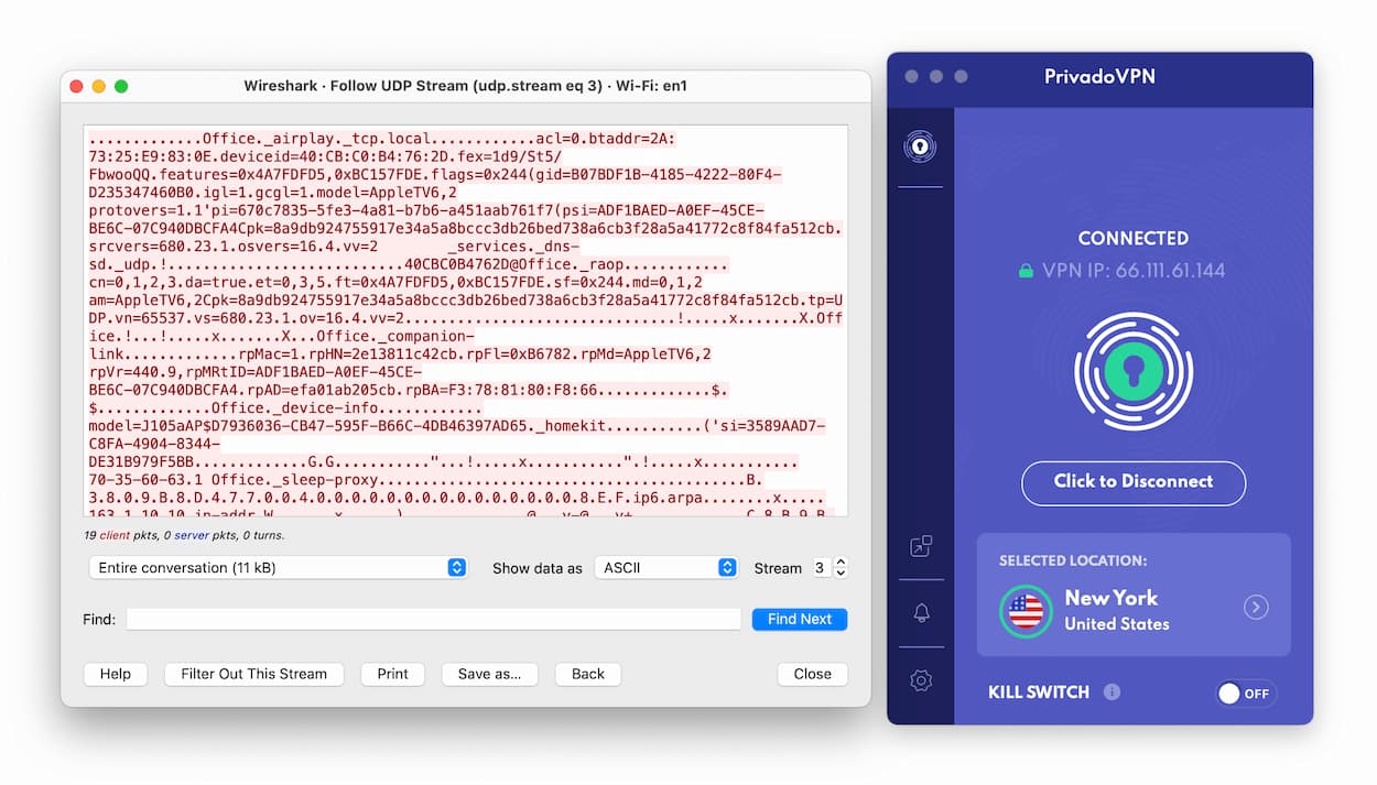 Test szyfrowania PrivadoVPN przeprowadzony za pomocą Wireshark