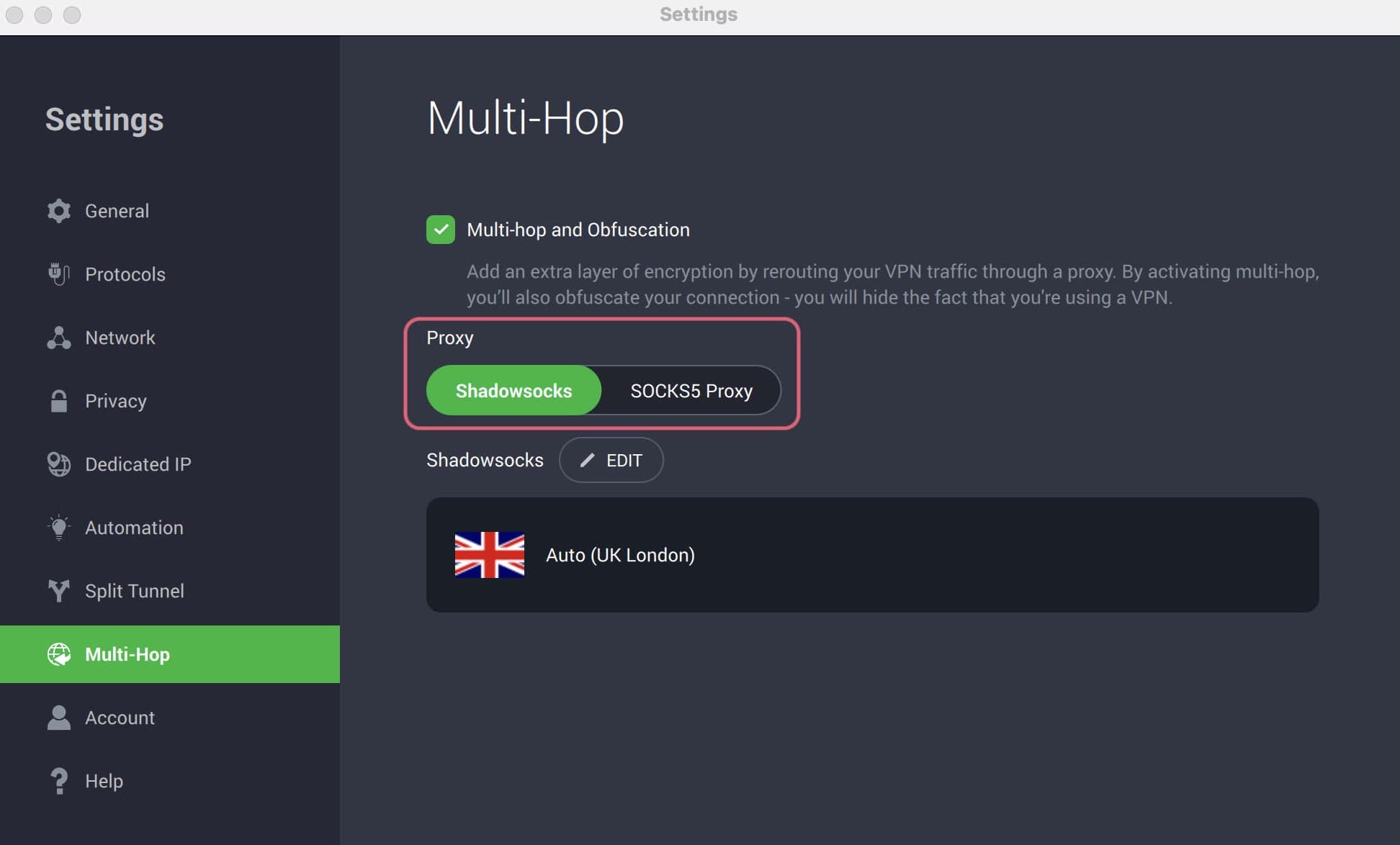 Captura de los ajustes de Pivate Internet Access > Multi-Hop > Opción Proxy y Shadowsocks.