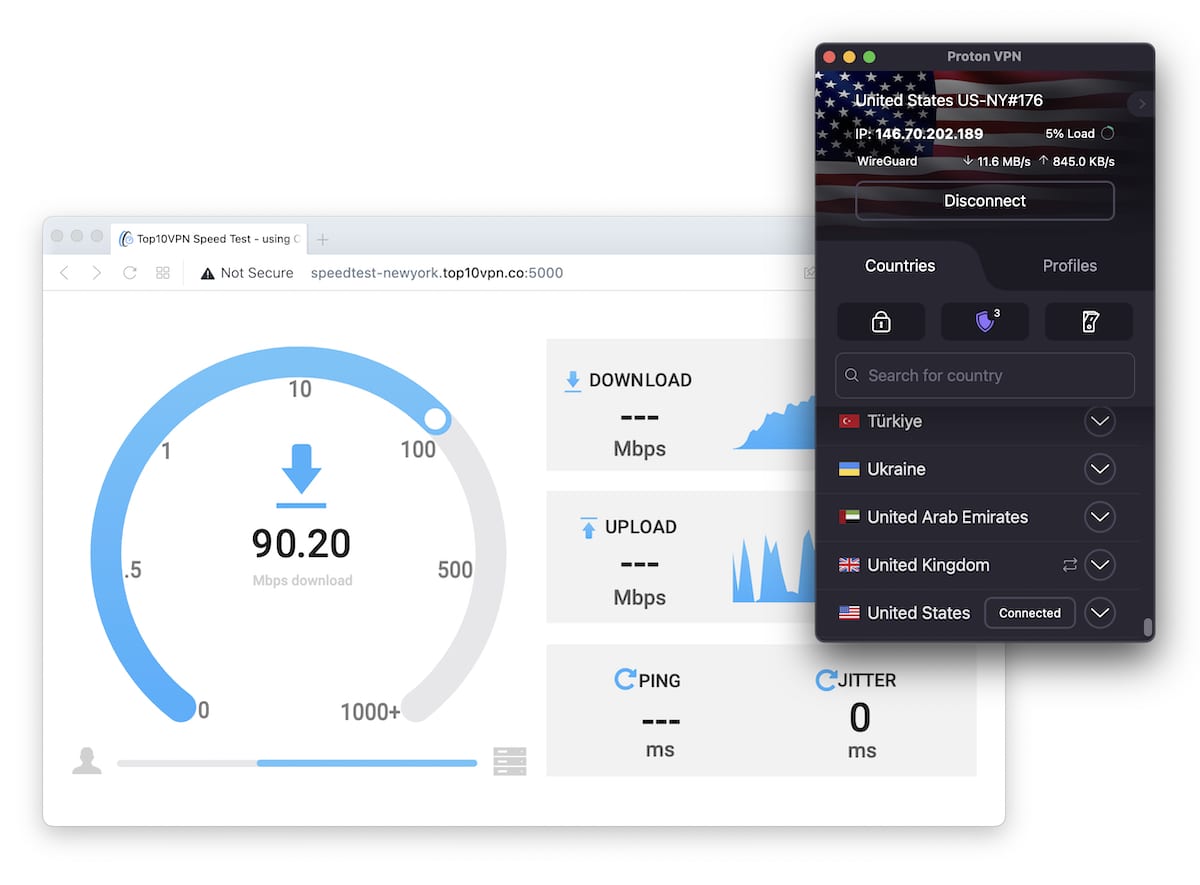 Realizando un test de velocidad usando nuestro servidor en Nueva York con Proton VPN, que alcanza los 90 Mbps en velocidad de descarga.