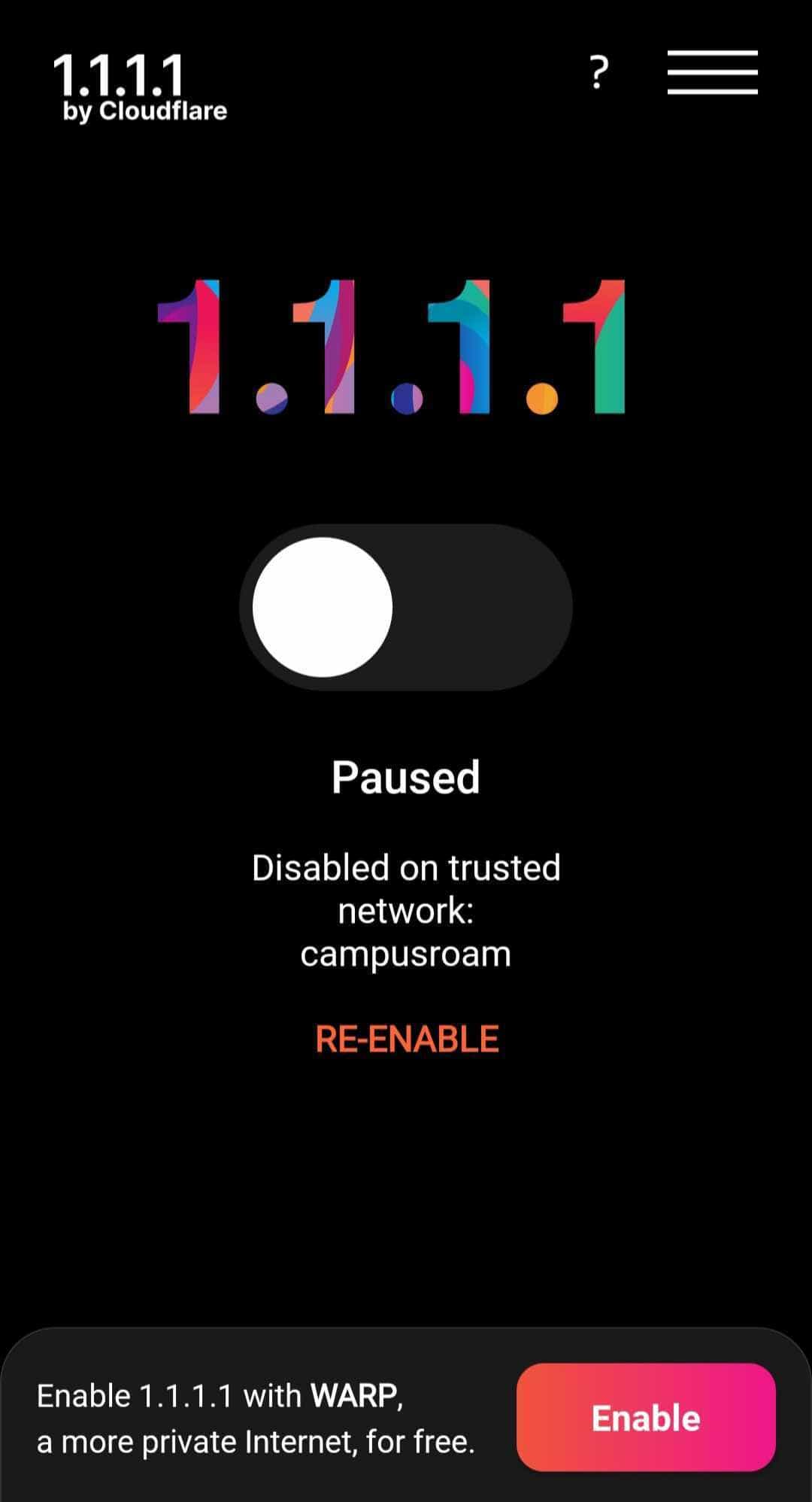 Screenshot of auto-disable on trusted network from Cloudflare 1.1.1.1 app