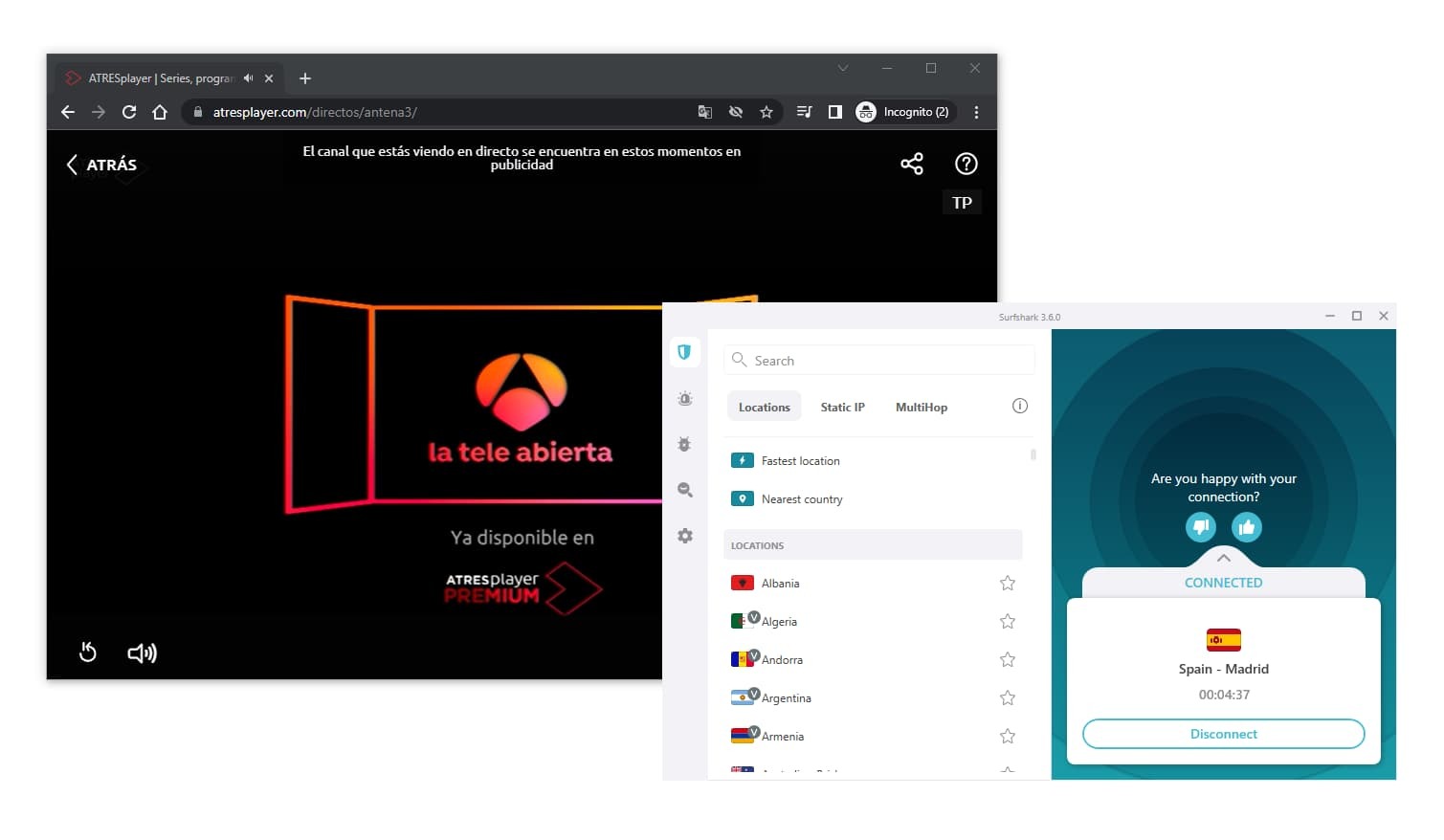 Surfshark desbloqueando Antena 3