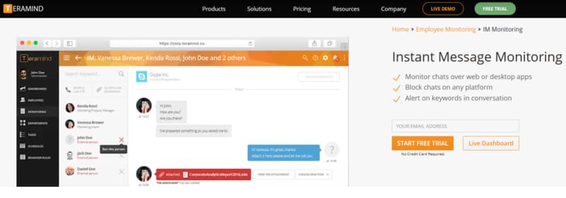 Screenshot from Teramind website showing Instant Messaging monitoring features