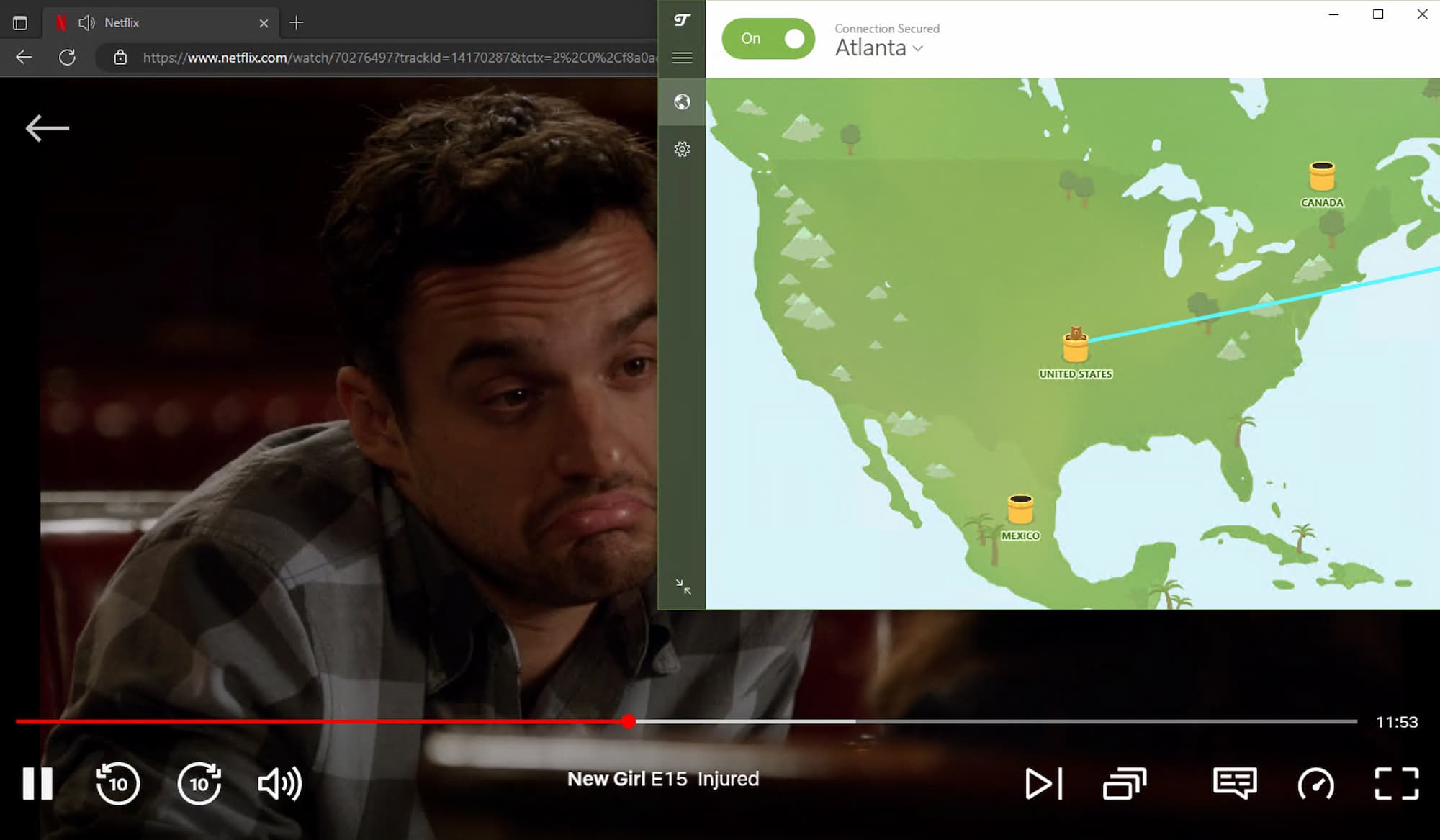 Assistindo New Girl na Netflix EUA em conexão a um servidor em Atlanta, EUA na TunnelBear paga.