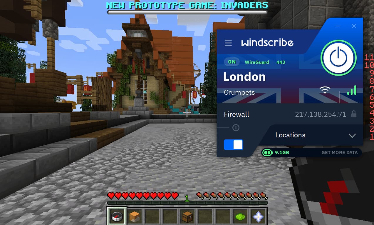 Probando las abilidades de Windscribe para jugar al videojuego online Minecraft 