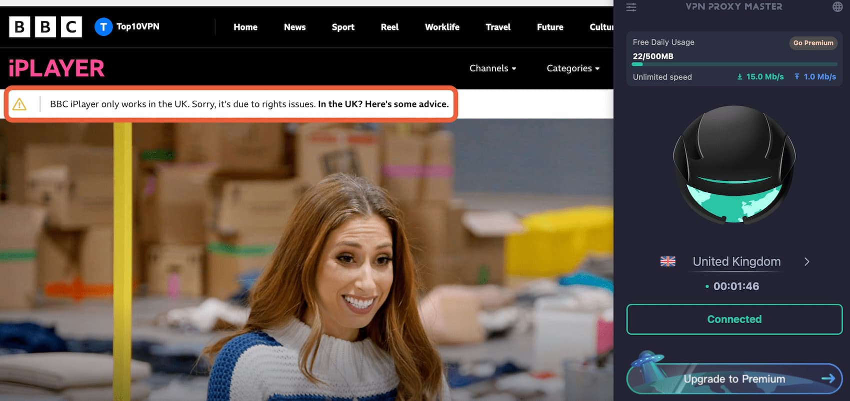 Screenshot of VPN Proxy Master Free failing to unblock UK BBC iPlayer.