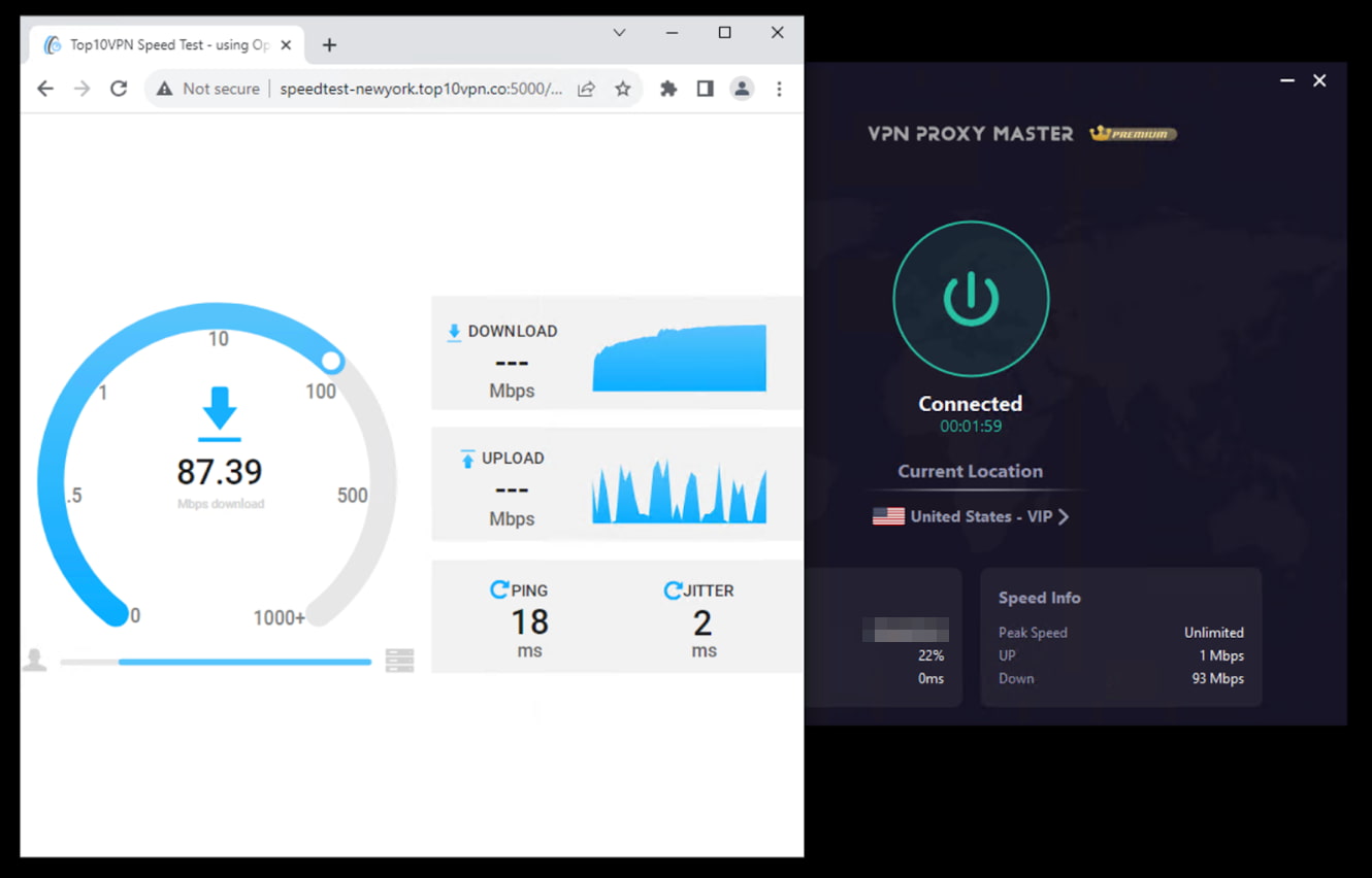 Screenshot of speed test with VPN Proxy Master Paid on Windows.