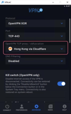 Captura de pantalla de los ajustes avanzados de VPN.ac para Windows. La opción de «proxy TCP OpenVPN / ofuscación» aparece destacada.