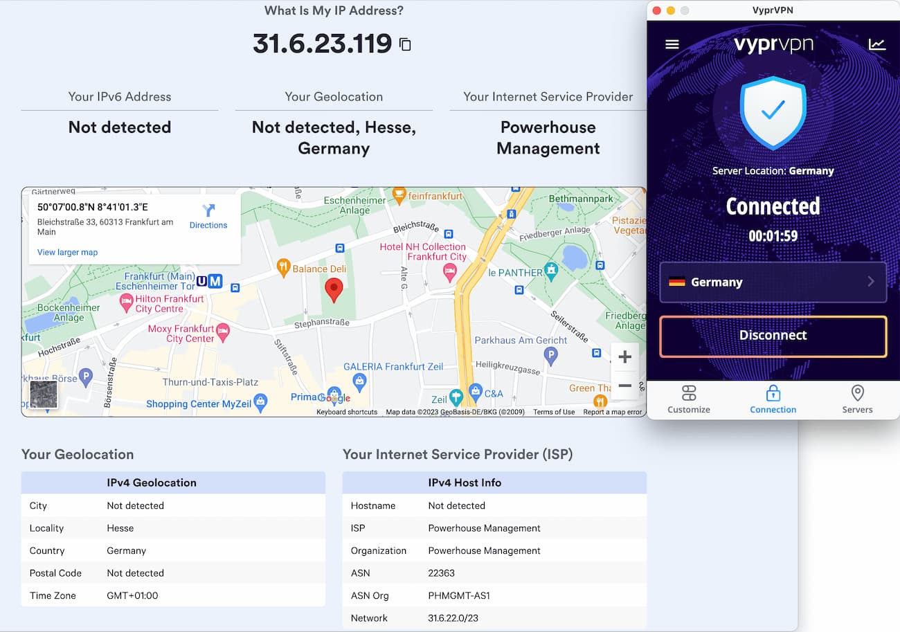 IP address test while connected to a German VyprVPN server. The IP address is located in Hesse, Germany.