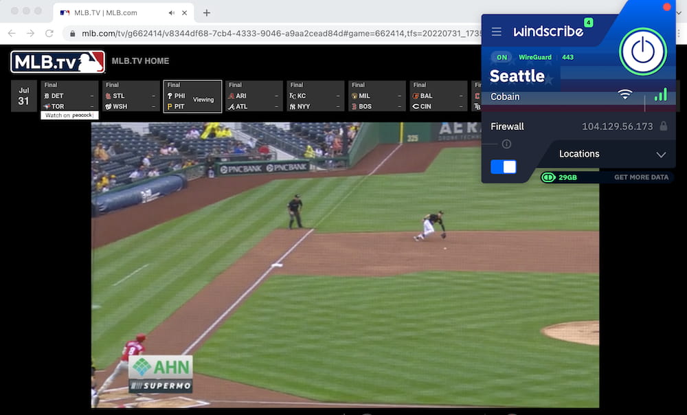 Using Windscribe Free with MLB.TV