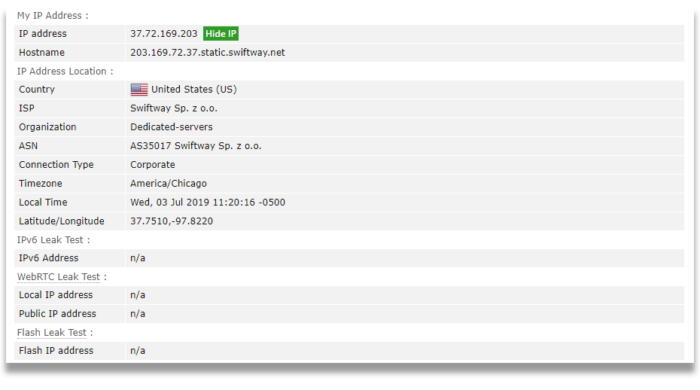 Results of AirVPN's DNS and IP leak test on browserleaks