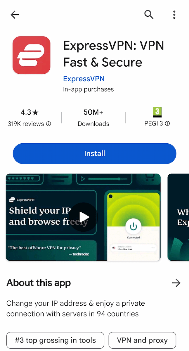 ExpressVPN's listing on the Google Play Store