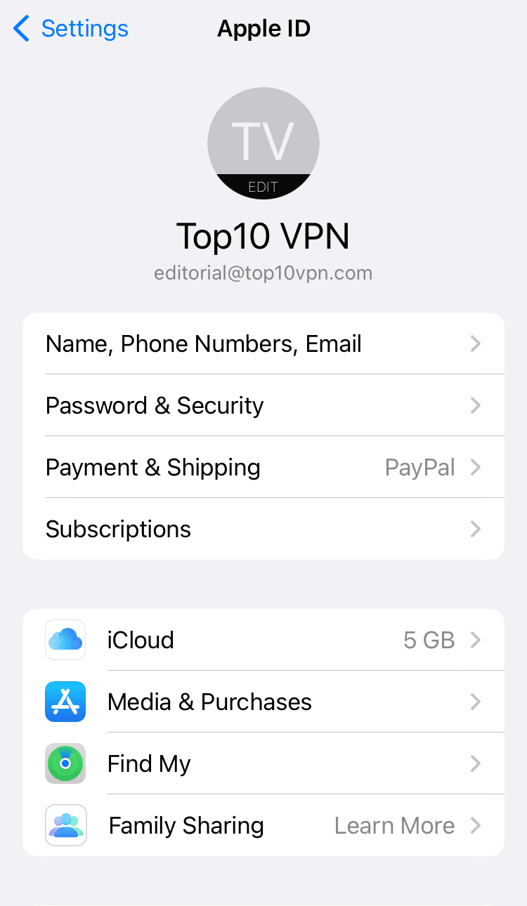 Apple ID menu on iOS