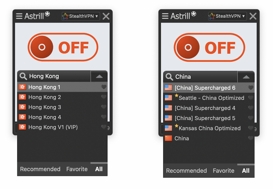 Astrill's macOS client, searching for Hong Kong and China optimized servers. 